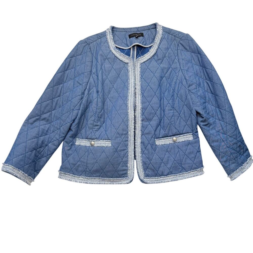 Talbots Quilted Chambray Jacket Size 12 Blue Tweed Trim Cropped - Picture 2 of 15